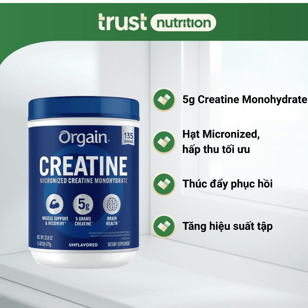Bột Orgain Creatine Monohydrate Micronized, 675g, creatine thuần chay, không gluten