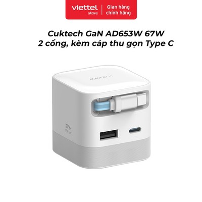Bộ củ cáp sạc Cuktech GaN AD653W 67W 2 Cổng , Kèm Cáp Thu Gọn Type C