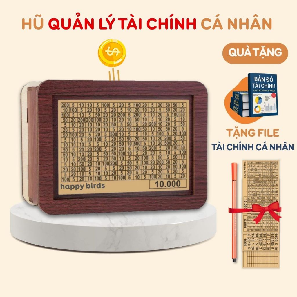 Hộp tiết kiệm tiền bằng gỗ thử thách 100 ngày tiết kiệm decor bàn làm việc kèm bảng mục tiêu Happy Birds