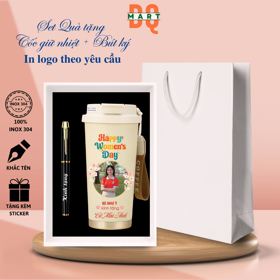Giftset DQMart-Bộ quà tặng + Bình giữ nhiệt + bút ký-in hình khắc tên theo yêu cầu,văn phòng,thầy cô