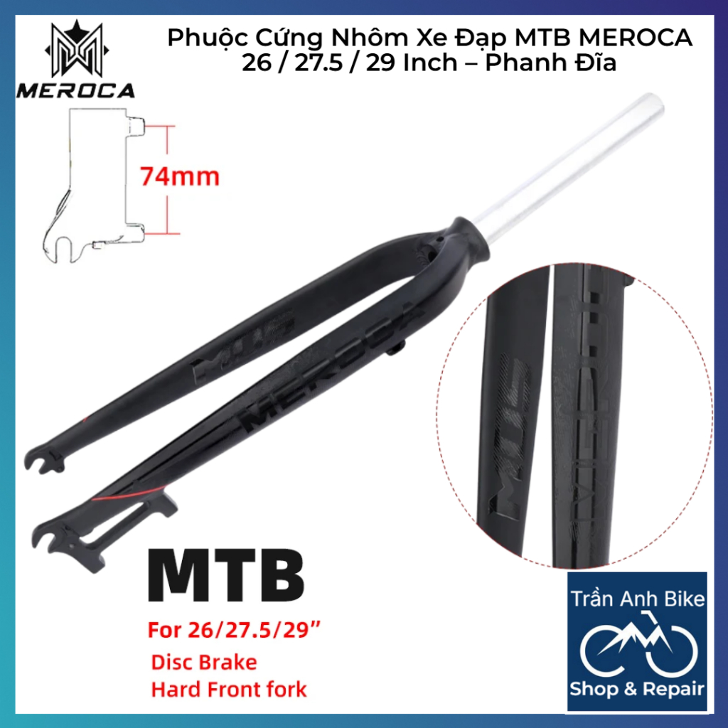 Phuộc Cứng Nhôm Xe Đạp MTB MEROCA 26 / 27.5 / 29 Inch – Phanh Đĩa, Nhẹ, Truyền Lực Tốt