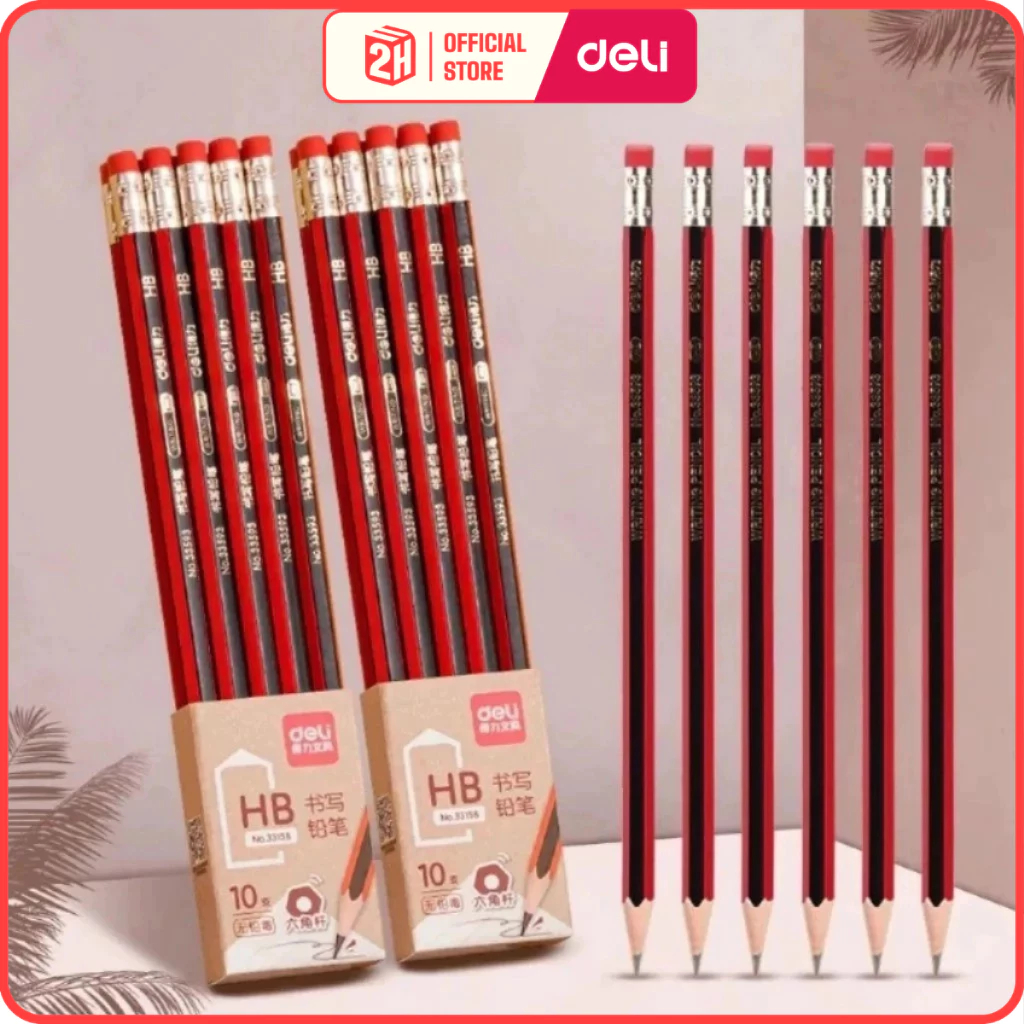 Vỉ 10 bút chì lục giác Deli 2B/HB kèm đầu tẩy, Bút chì gỗ, Bút chì 2B Bút chì HB Deli - VPP