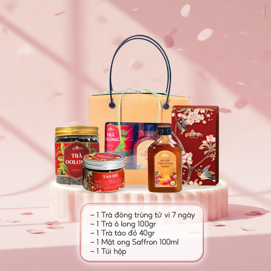 Set quà 8/3 mật ong ngâm saffron cùng trà ô long và đông trùng tứ vị lịch sự, sang trọng