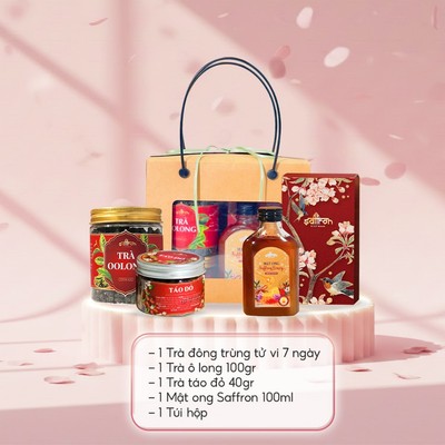 Set mật ong ngâm saffron cùng trà ô long và đông trùng tứ vị lịch sự, sang trọng