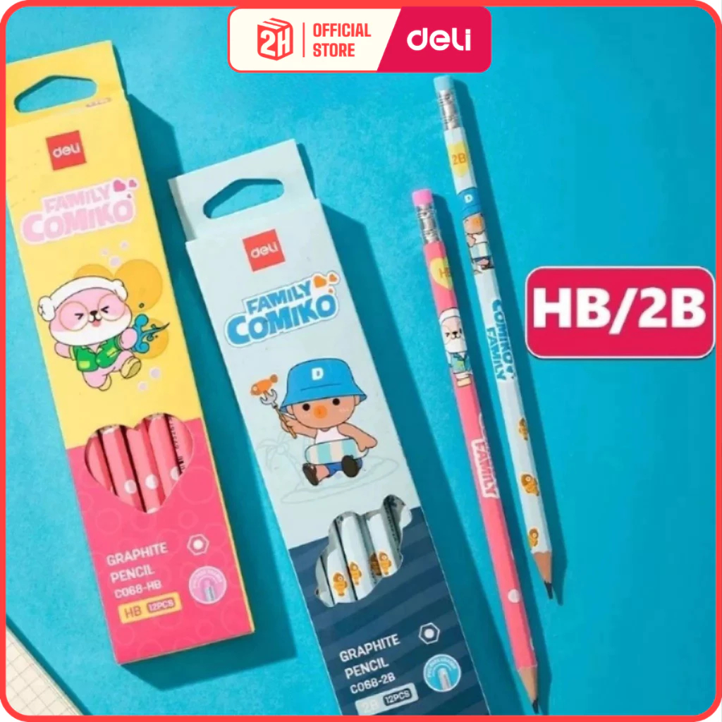 Hộp 12 Bút Chì Family Combo Bút chì 2H HB, Kèm Đầu Tẩy Cho Bé Tập Viết Vẽ Tranh - VPP C068