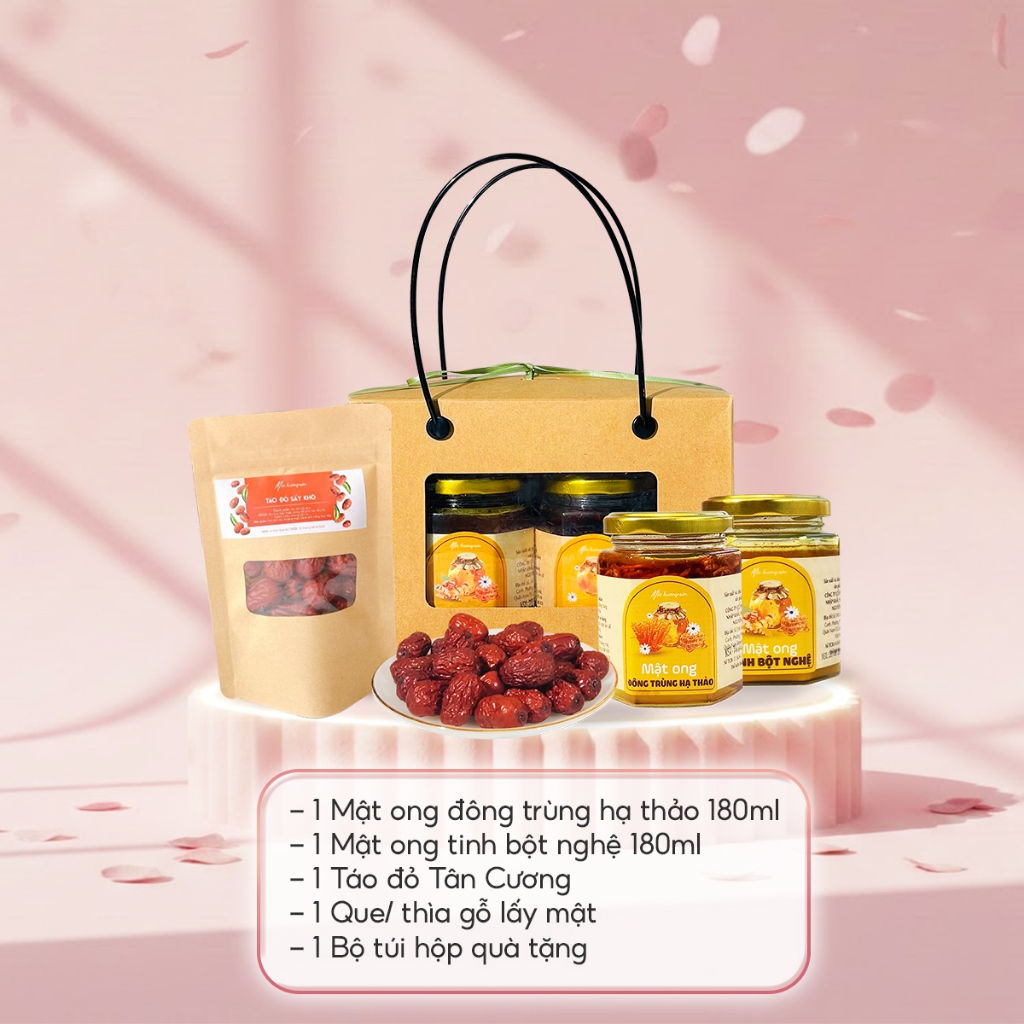 Set quà Mật Ong Thảo Dược Mộc Hương Sơn: Mật ong tinh bột nghệ, mật ong đông trùng kèm táo đỏ