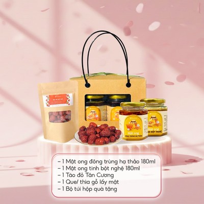 Set quà trung thu Mật Ong Thảo Dược Mộc Hương Sơn: Mật ong tinh bột nghệ, mật ong đông trùng kèm táo đỏ
