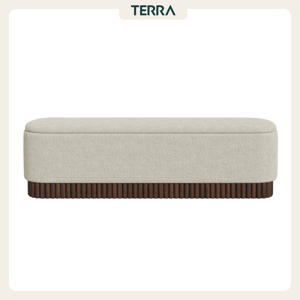Terra Home – Ghế Ottoman Lưu Trữ Oberon Scandinavian | Ottoman Boucle Tái Chế Đế Gỗ Walnut