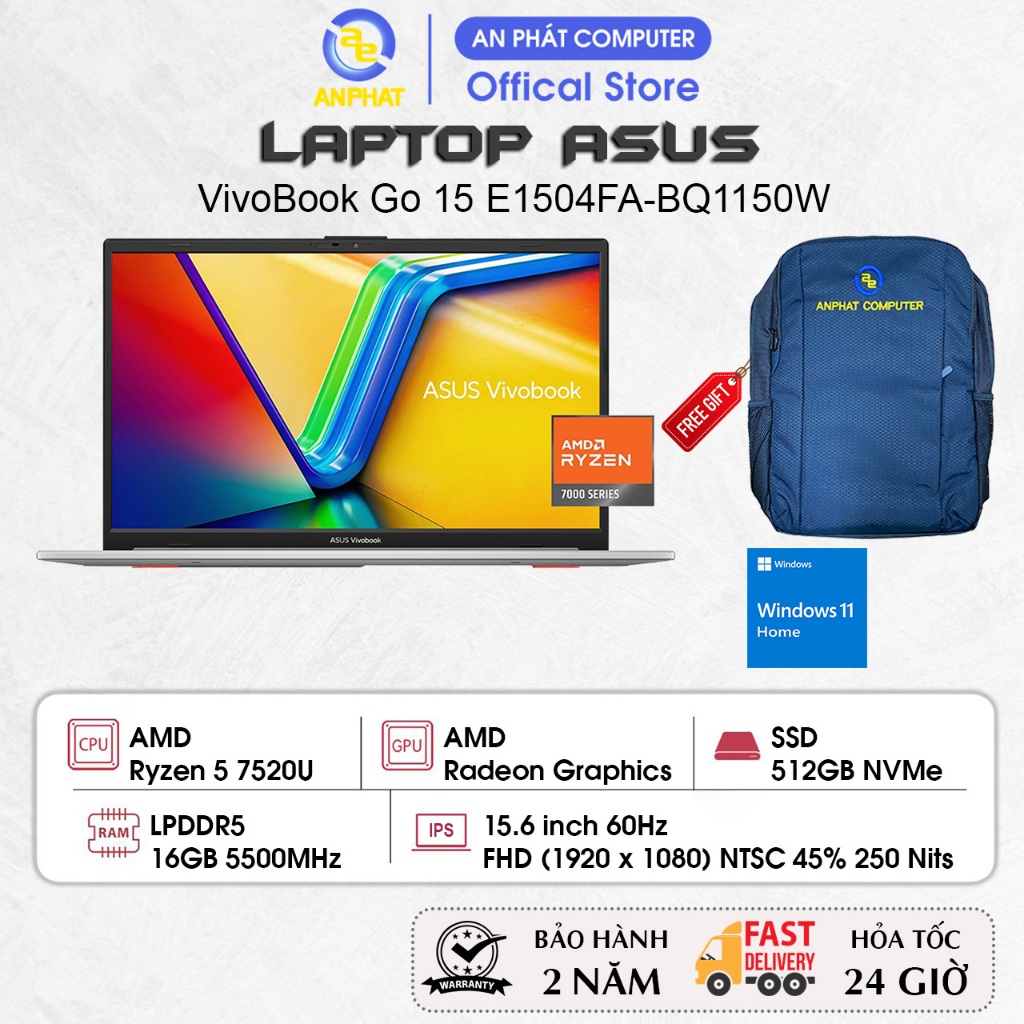 Laptop ASUS VivoBook Go 15 E1504FA-BQ1150W, Ryzen 5 7520U, 16GB RAM, 512GB SSD, 15.6 FHD, Win11