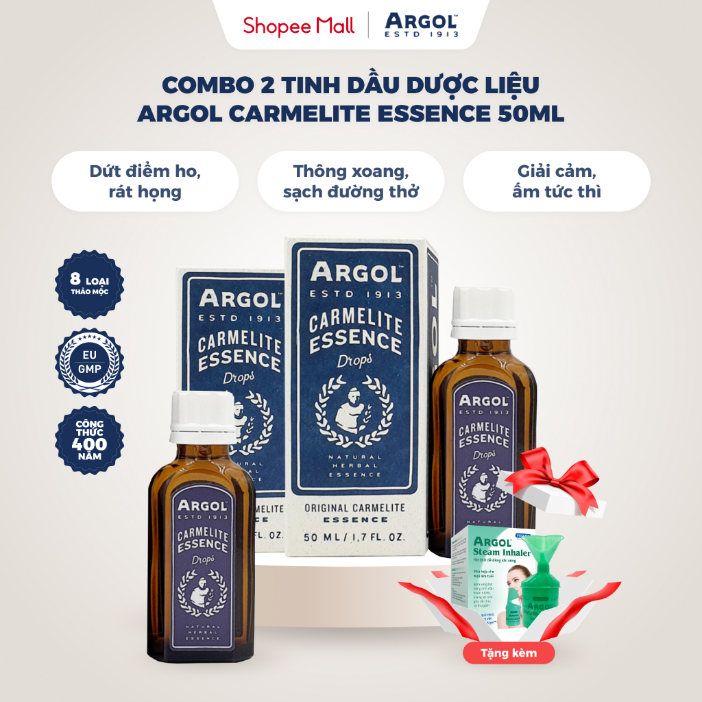 Combo 2 tinh dầu thảo dược Argol Carmelite Essence 50ml, tinh dầu thiên nhiên, xông mũi họng, xông t