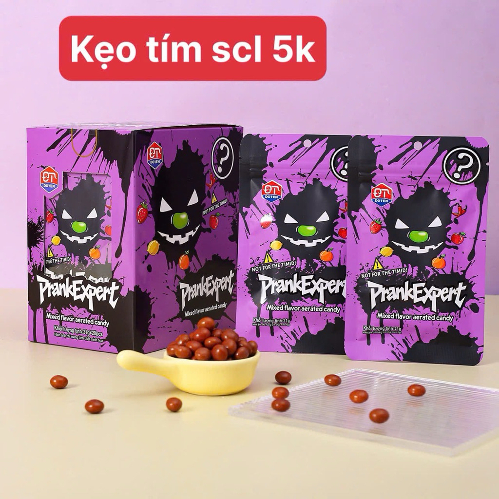 Kẹo Tím Prank Expert Vị Trái Cây Tổng Hợp Hộp 20 Gói – Kẹo Viên Giòn Tan Vui Nhộn Giá 5K 🎃🍬