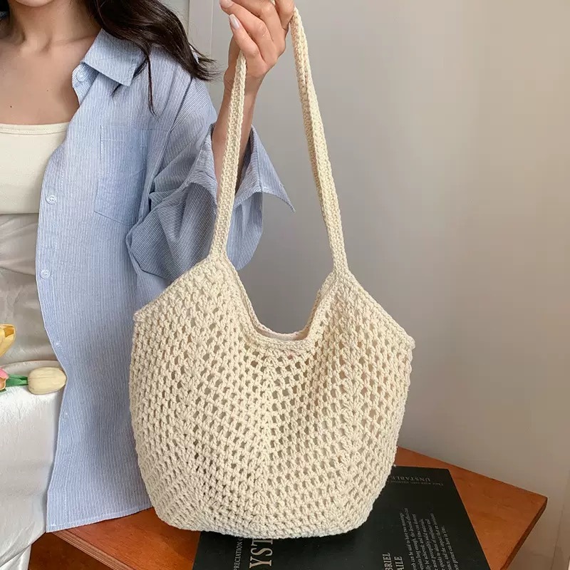 Túi Tote Lưới Đan Móc Nữ – Túi Đeo Vai Vintage Hàn Quốc Chất Sợi Mềm Đi Học, Đi Chơi, Đi Biển