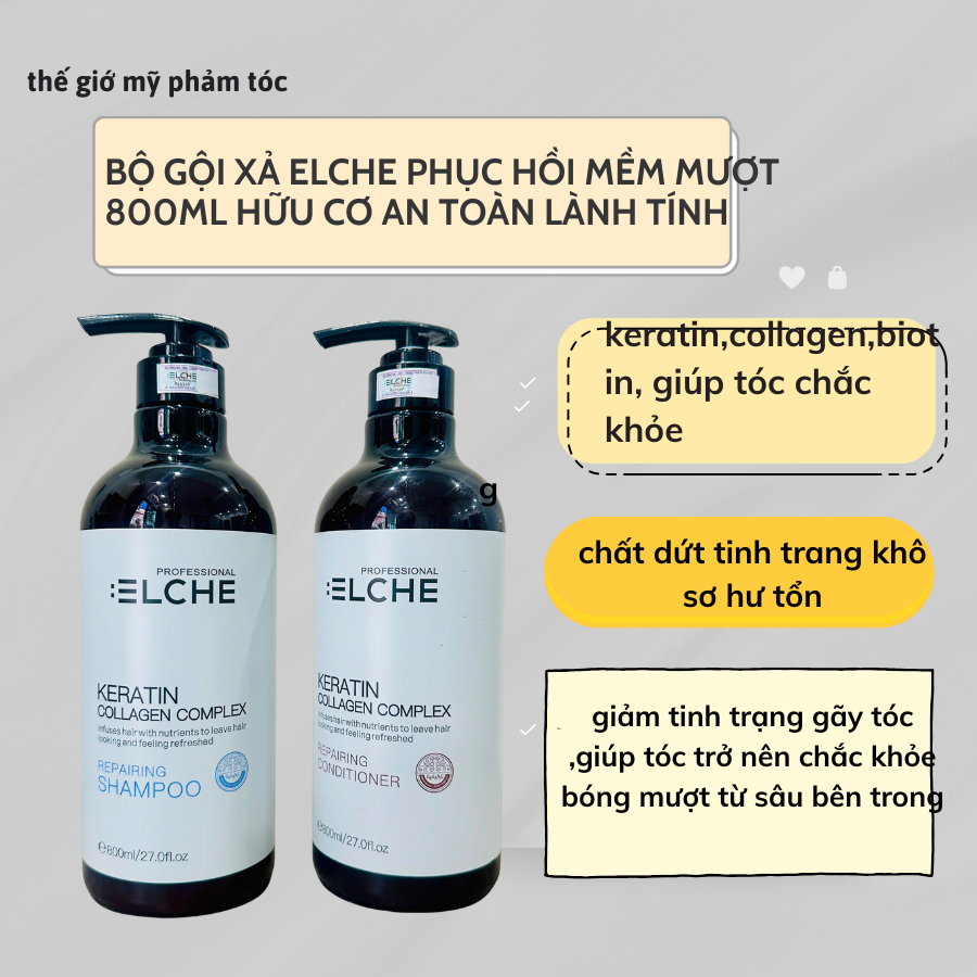 Cặp dầu gội xả Keratin Collagen Complex Elche phục hồi chống rụng tóc 800ml. HÀNG CHÍNH HÃNG ALYA