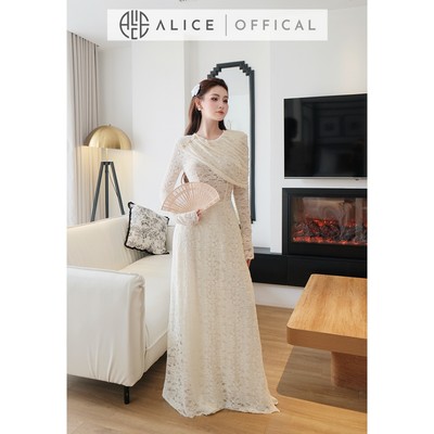 Áo Dài Cách Tân Alice Chất Ren Mềm Màu Kem Nữ Tín, Áo Phối Lệch Vai Cổ Tròn Kèm Quần Lụa AD1064