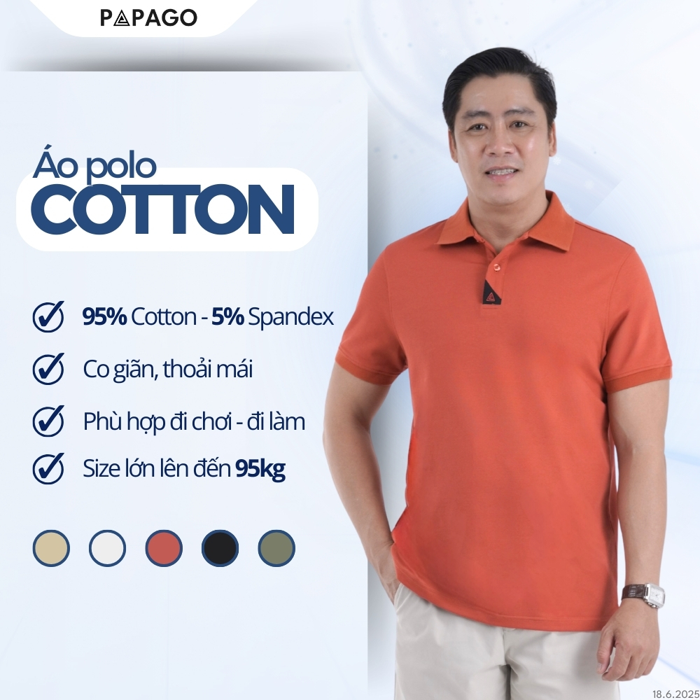 [MỚI] Áo Polo Nam Trung Niên PAPAGO Vải Cotton Kim Cương Form Rộng Thêu Logo Trụ Áo - P25PLCT004
