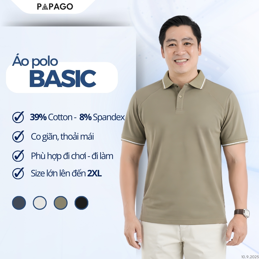 [MỚI] Áo Polo PAPAGO Nam Trung Niên Phối Viền Cổ Áo Form Rộng Thoải Mái - P25PLPT002