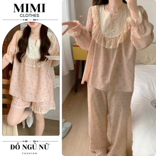 Đồ pijama nữ, bộ mặc nhà đũi họa tiết hoa phối ren cổ sen siêu sang MIMI CLOTHES hcom2818