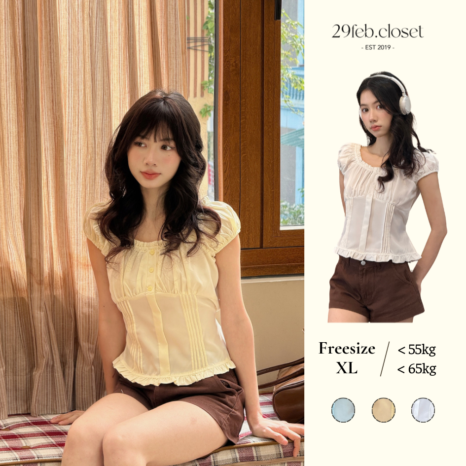 Áo thô tay bồng trễ vai kèm dây buộc eo, áo kiểu tay bồng buộc eo- 29feb.closet- a594 | BigBuy360 - bigbuy360.vn