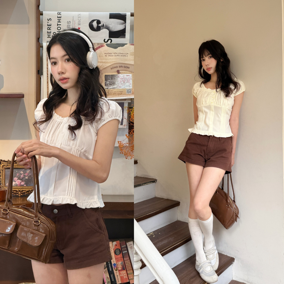Áo thô tay bồng trễ vai kèm dây buộc eo, áo kiểu tay bồng buộc eo- 29feb.closet- a594 | BigBuy360 - bigbuy360.vn