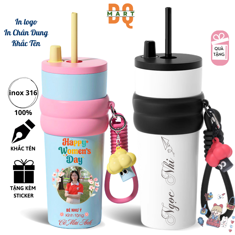 Ly giữ nhiệt Cherry 710ml có ống hút, bình nước giữ nhiệt DQMart khắc tên yc inox 316 mẫu mới 2025