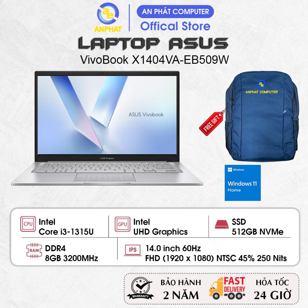 Laptop ASUS VivoBook X1404VA-EB509W, Core i3-1315U, 8GB RAM, 512GB SSD, 14.0 FHD, Win11