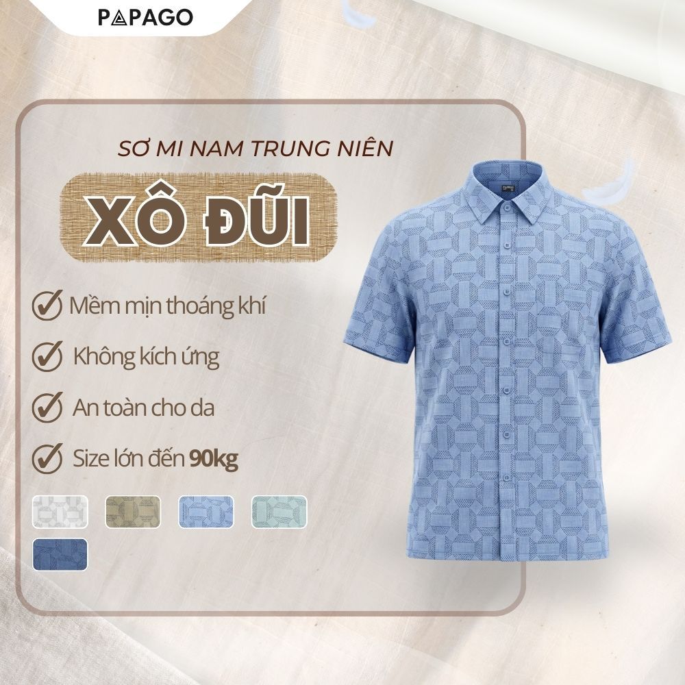 [MỚI] Áo Sơ Mi Nam Trung Niên PAPAGO Vải Xô Đũi In Họa Tiết Tay Ngắn Lai Ngang - P25SNHT015