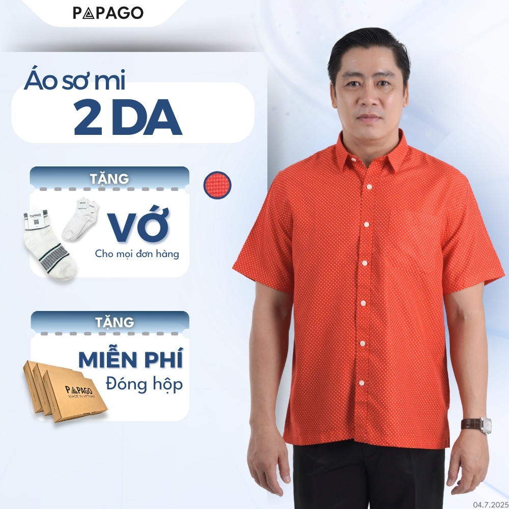 Áo Sơ Mi Nam Trung Niên PAPAGO Tay Ngắn Lai Ngang Màu Đỏ Họa Tiết Nhí - P23SNHT007