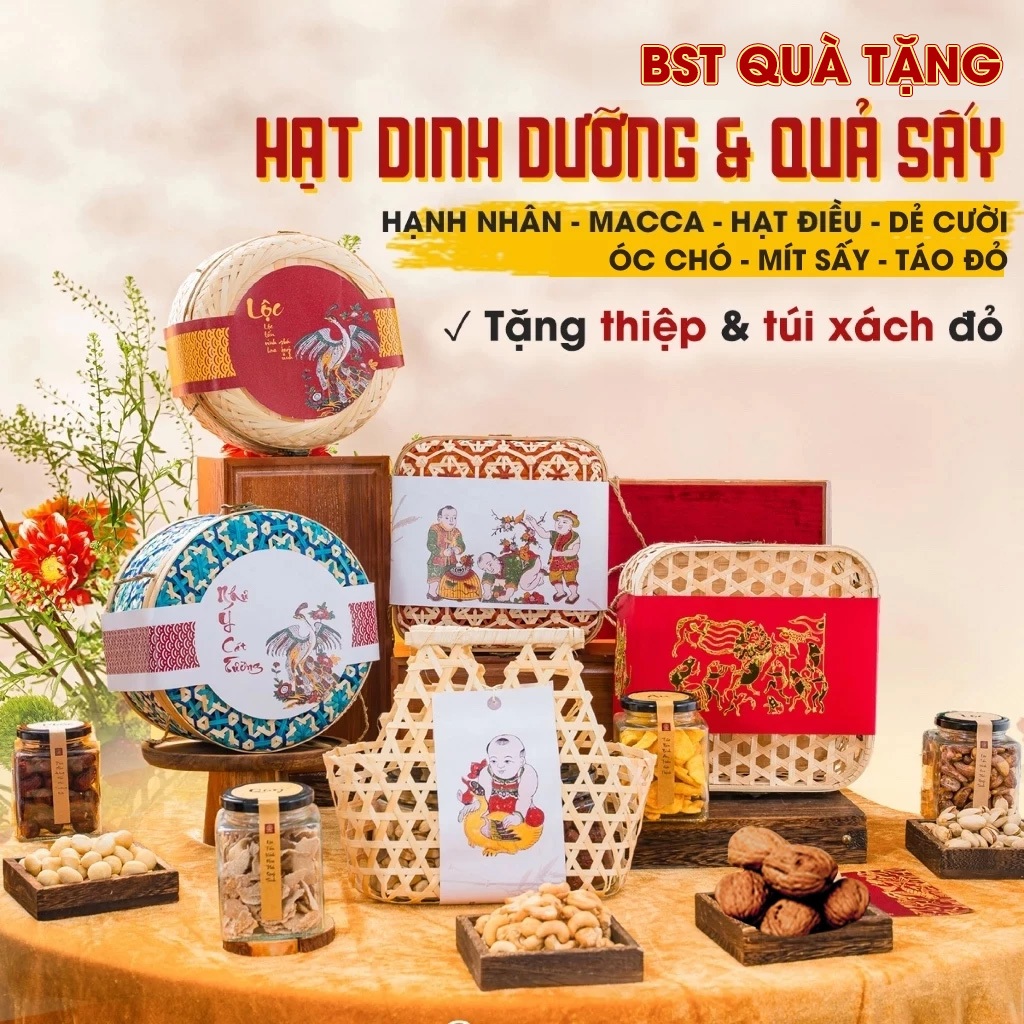 BST Giỏ quà tặng lưu niệm Mây tre đan tinh tế, hạt dinh dưỡng tốt cho sức khỏe, quà kỷ niệm - La'zen