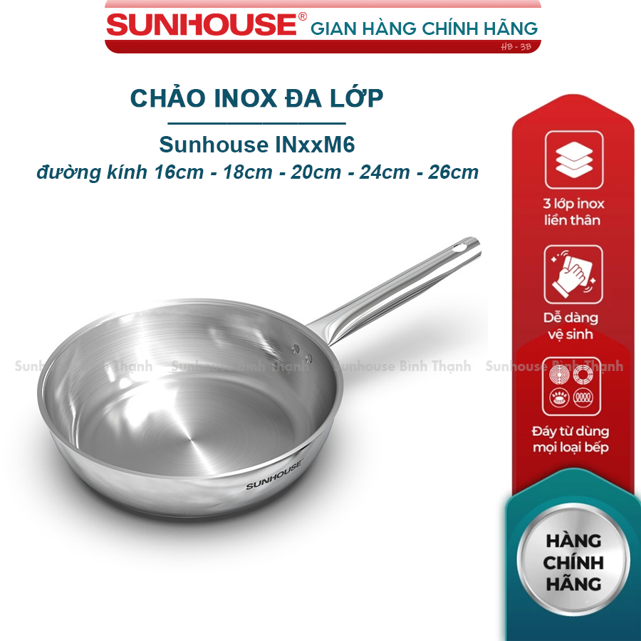 SUNHOUSE Chảo inox 304 đa lớp IN16M6, IN18M6, IN20M6, IN24M6, IN26M6 - BẾP TỪ, GAS...