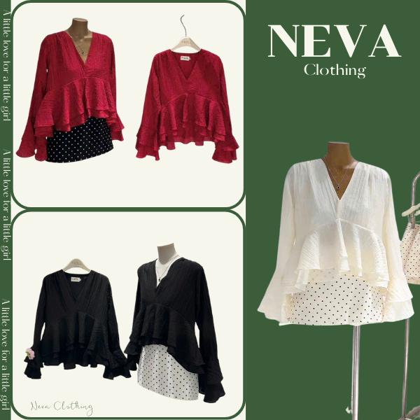 NEVA CLOTHING - (Hàng sẵn) 509 SET ÁO CỔ V TAY LOE + CV CHẤM BI 3 MÀU