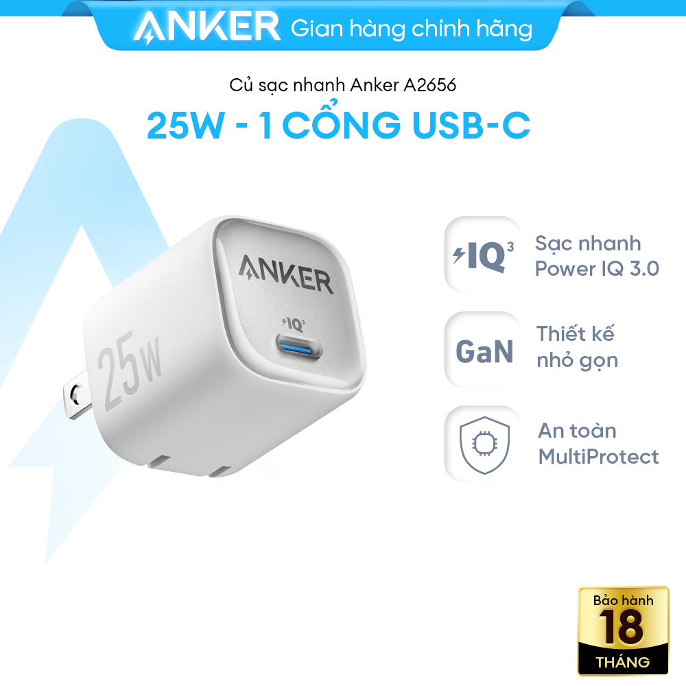 Củ sạc nhanh PPS Anker 25W chân gập nhỏ gọn hỗ trợ sạc nhanh | 1 cổng USB Type-C - A2656