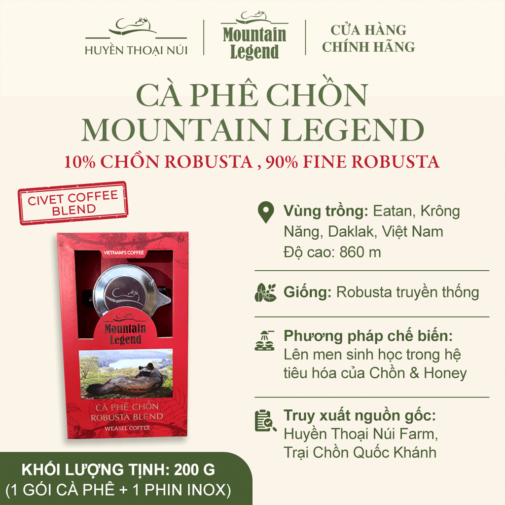 Cà Phê Chồn Cao Cấp Mountain Legend - 10% Real Civet Robusta & 90% Selected BeansFine Robusta - Hộp 200g - Tặng Phin
