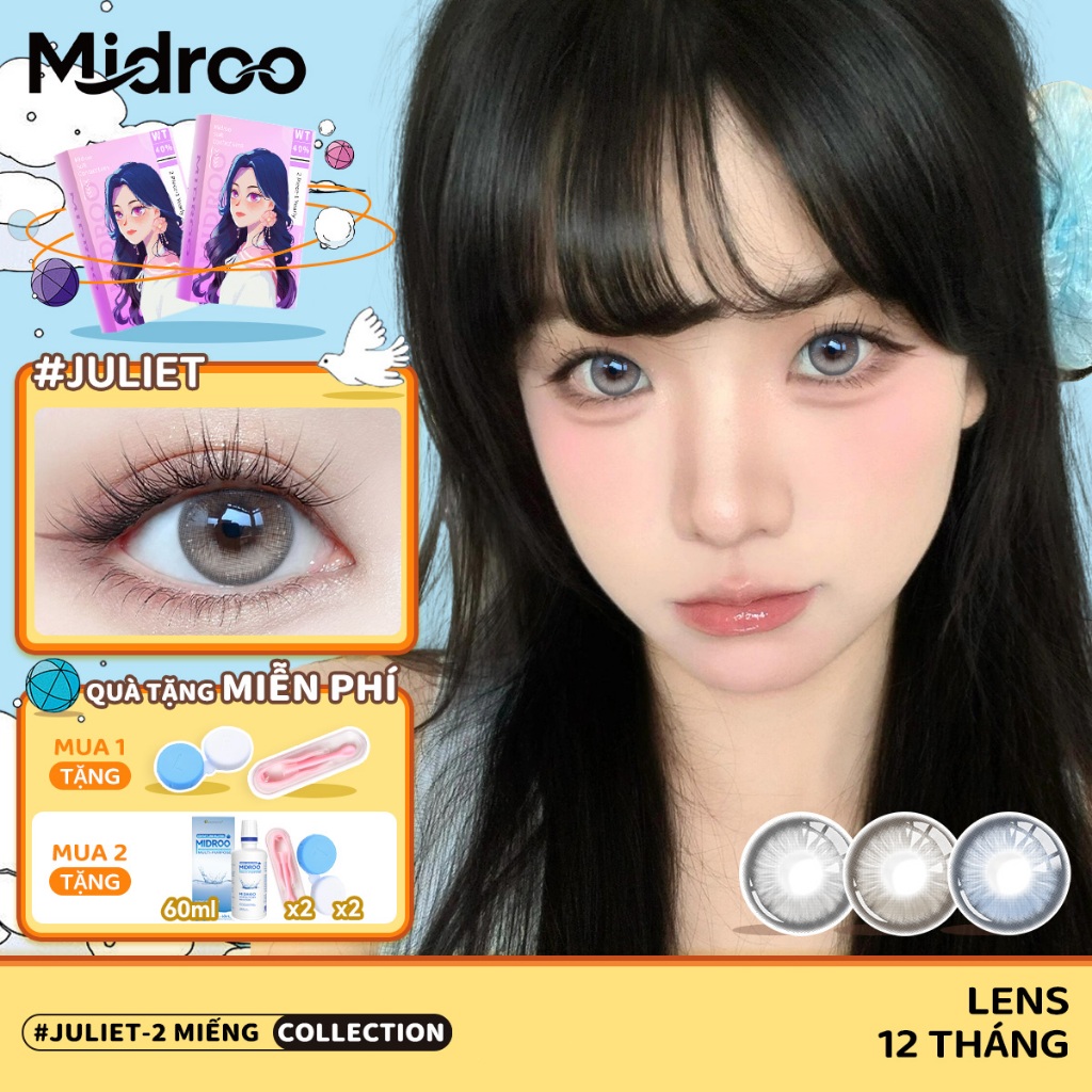 Kính Áp Tròng Midroo Lens 0~6 Độ (2 chiếc) Lens Mắt 14.2mm Juliet Lens Giãn Tròng 1 Năm