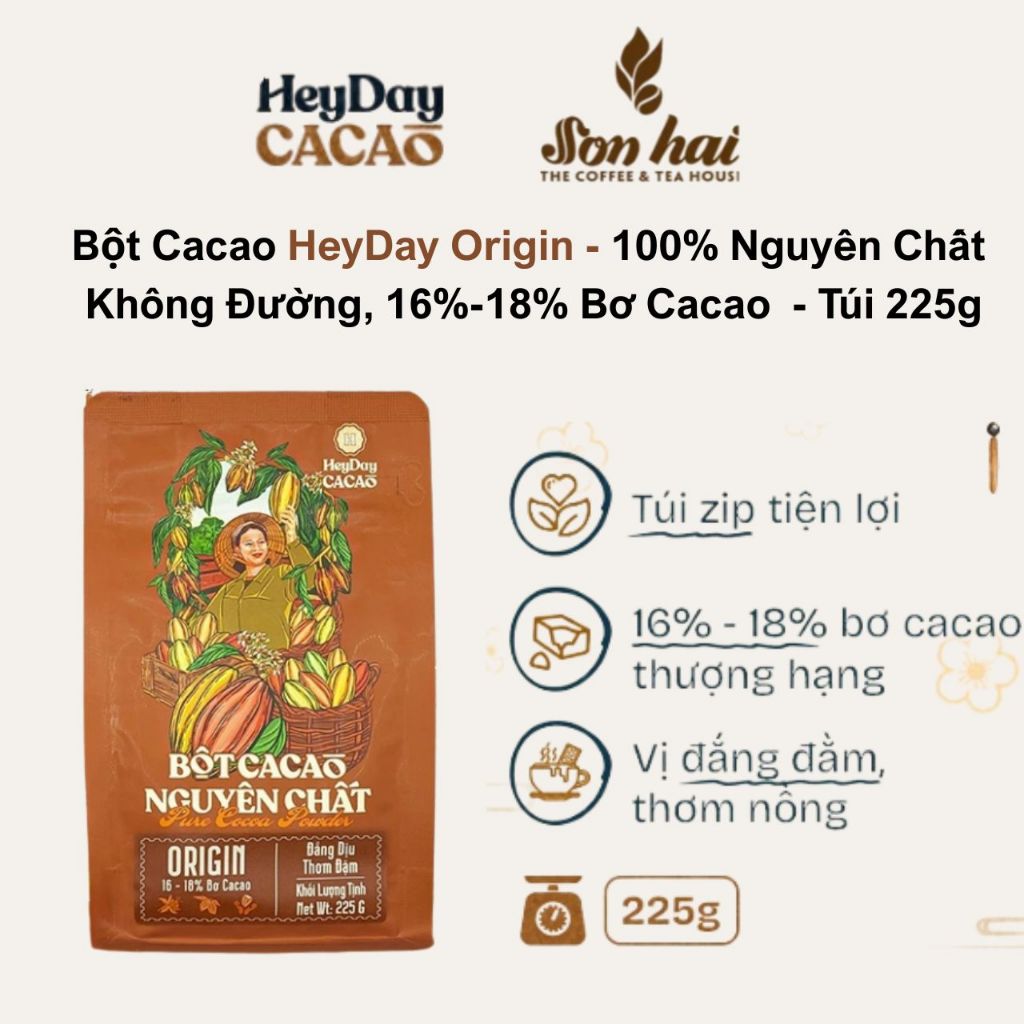 Bột Cacao HeyDay Origin - 100% Nguyên Chất  Không Đường, 16%-18% Bơ Cacao  - Túi 225g