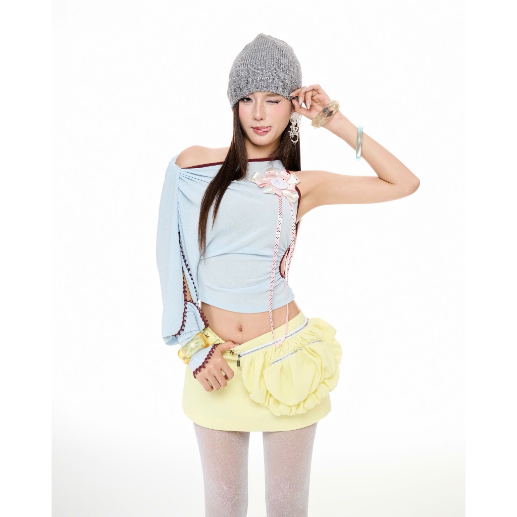 Áo Lệch Vai Xanh Pastel Cá tính MANGATA (W04 - KURII TOP)