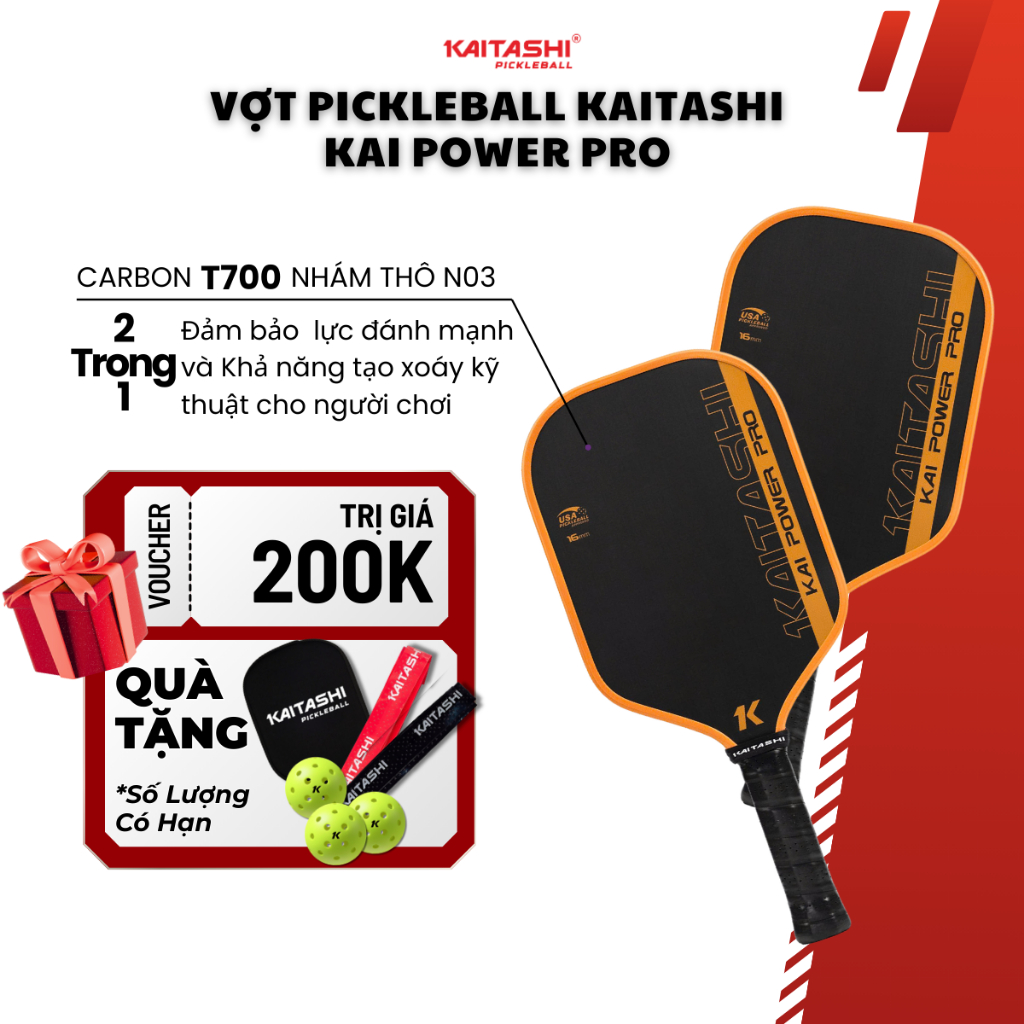 Vợt Pickleball Kaitashi Kai Power Pro 16mm Carbon T700 Nhám Thô - Tạo Xoáy - Kiểm Soát Tốt