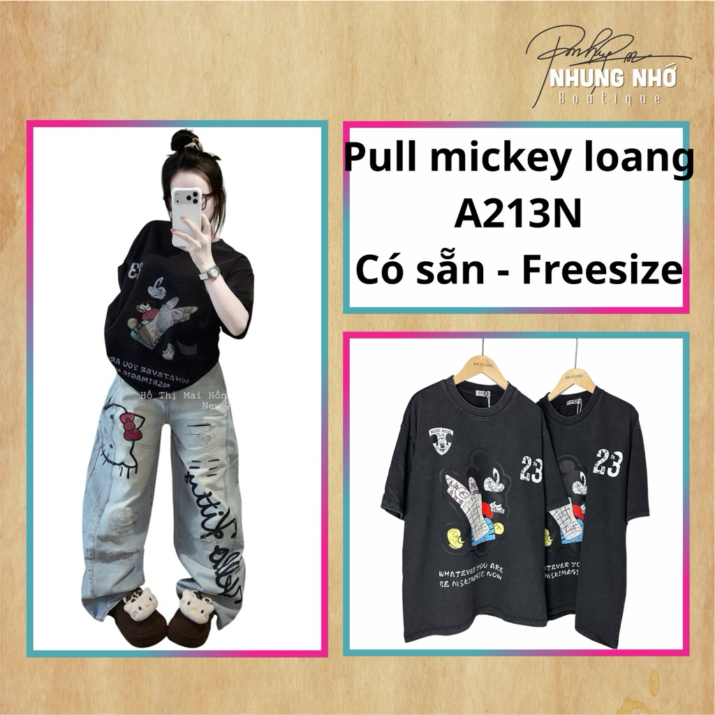 [Sẵn sl] Áo phông in hình Mickey đen loang A213N form rộng nam nữ Nhung Nhớ Boutique