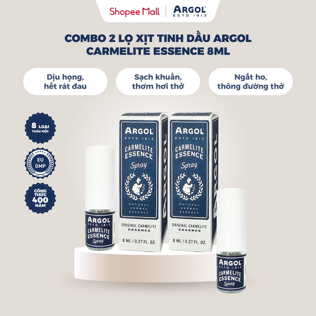 Combo 2 xịt họng tinh dầu thảo dược Argol Carmelite Essence 8ml, tình dầu thiên nhiên, hỗ trợ giảm h
