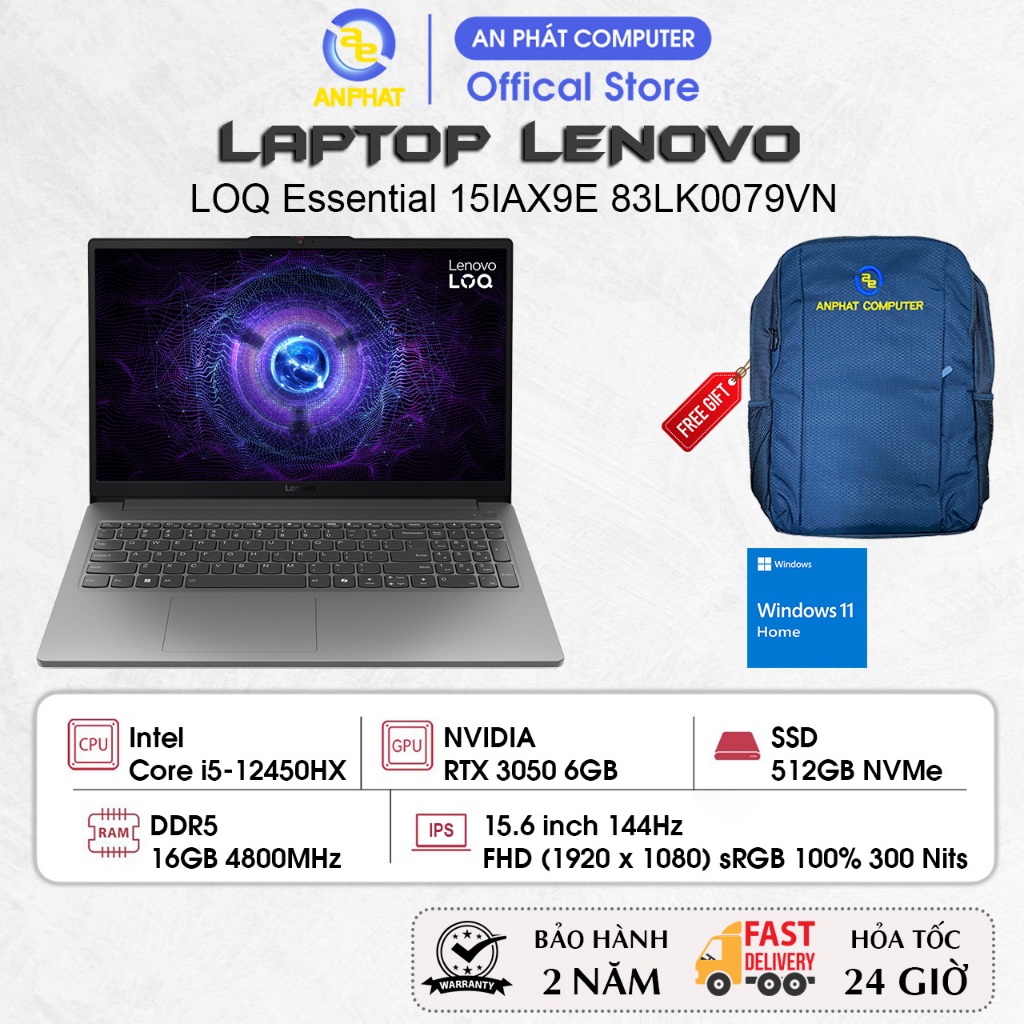 Laptop Lenovo LOQ Essential 15IAX9E 83LK0079VN, Core i5-12450HX, RTX 3050 6GB, 16GB RAM, 512GB SSD, 15.6 FHD 144Hz