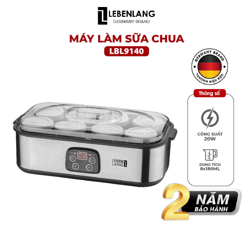 Máy Làm Sữa Chua Lebenlang LBL9140, 8 lọ 180ml, Điều Chỉnh Nhiệt Độ & Thời Gian, 20W, bảo hành 2 năm