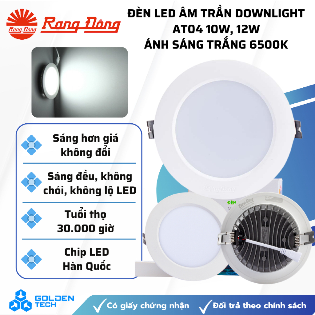 [Rạng Đông] Đèn LED âm trần downlight AT04 10W, 12W, 16W, 25W Khoét lỗ trần Ánh sáng trắng