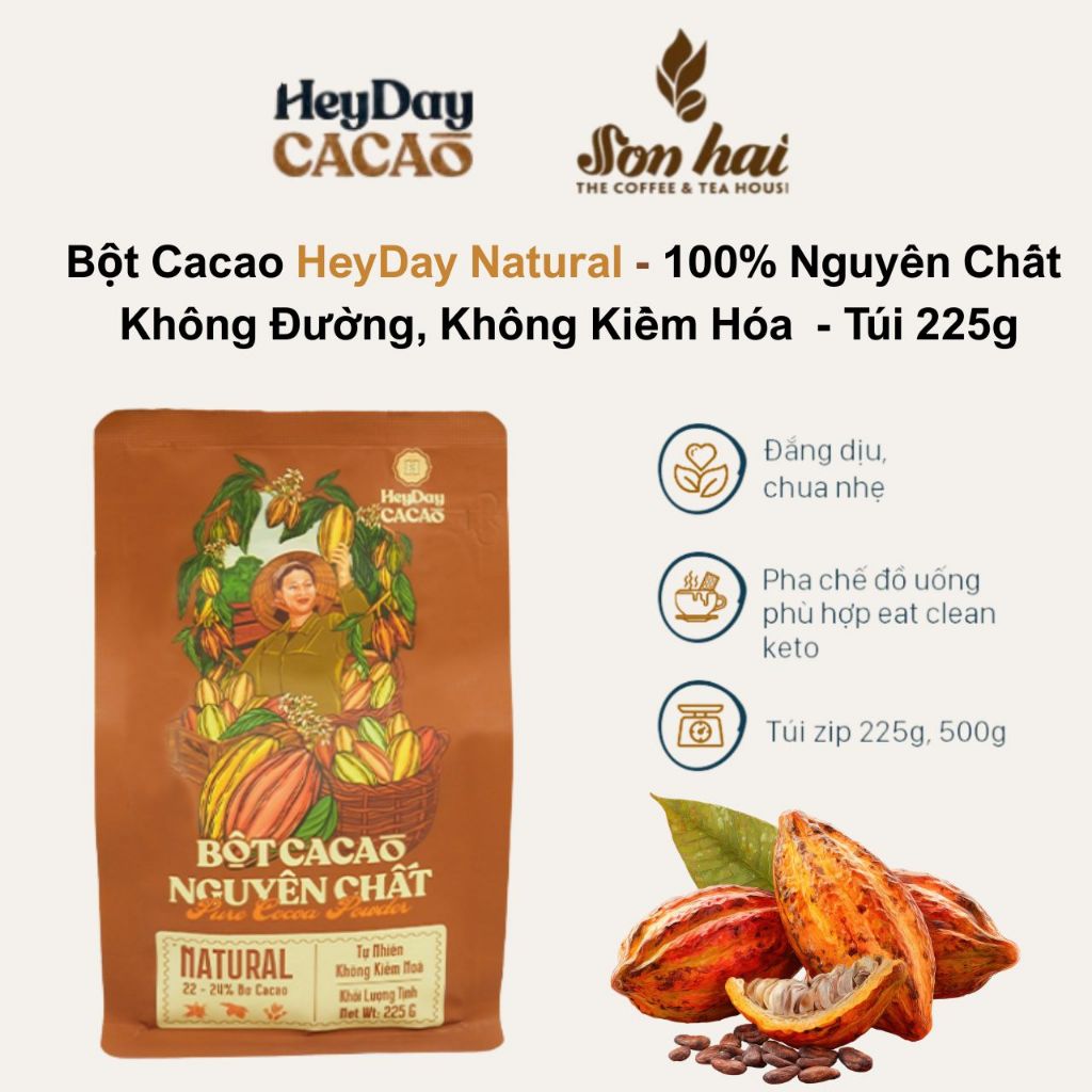 Bột Cacao HeyDay Natural - 100% Nguyên Chất  Không Đường, Không Kiềm Hóa  - Túi 225g