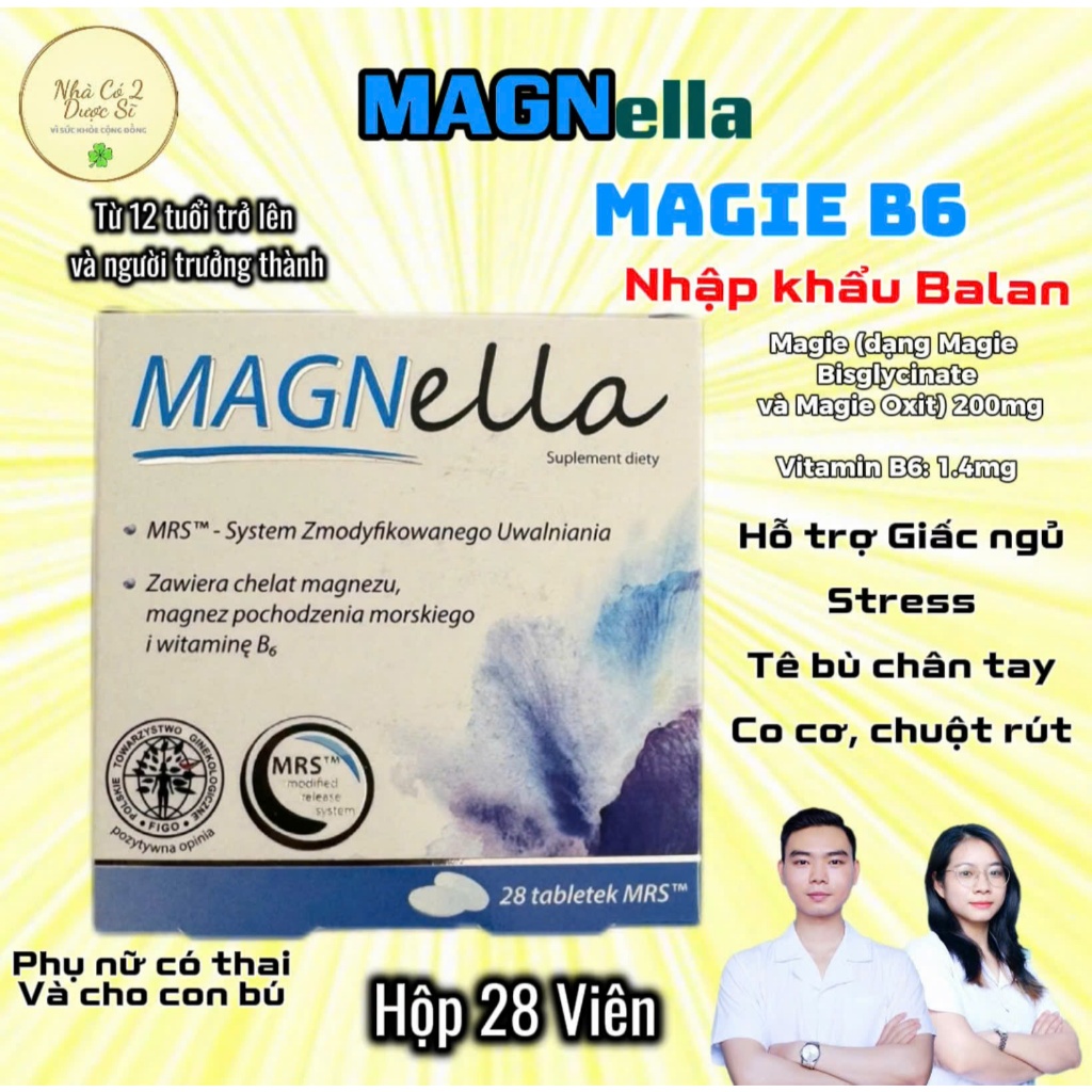 [Magie B6] MAGNella Hộp 28 Viên Bổ Sung Magie, Vitamin B6 Hỗ Trợ Giấc Ngủ, Stress, Tê Bì Cho Nam Và 