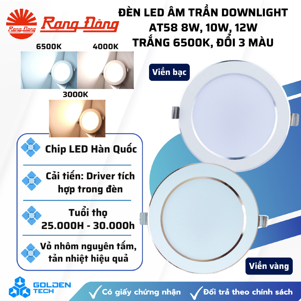 [Rạng Đông] Đèn LED âm trần Downlight AT58 8W, 10W, 12W Ánh sáng trắng, Đổi 3 màu Driver tích hợp