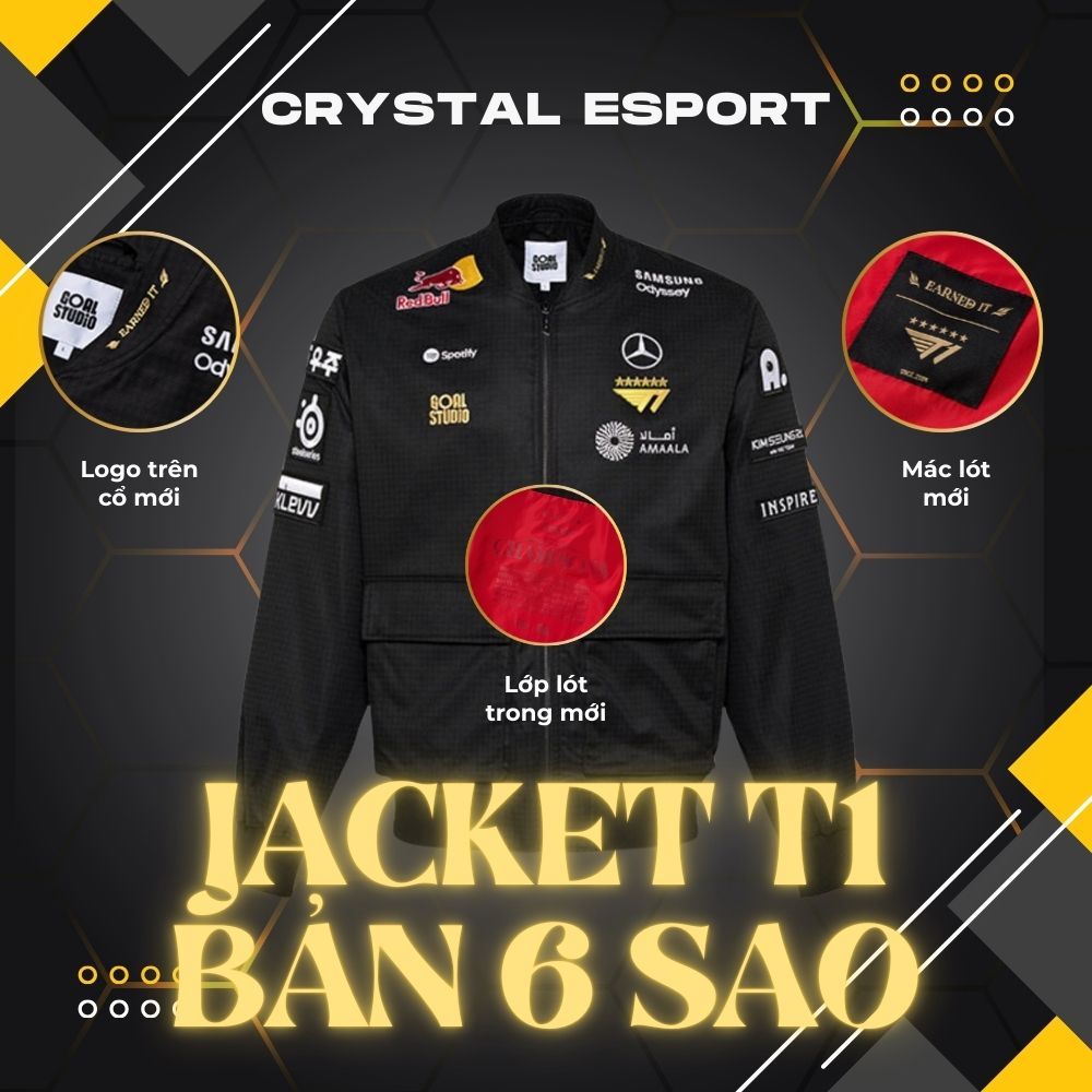 Áo Khoác T1 CKTG 2025 bản 6 Sao CRYSTAL ESPORT cao cấp full thêu kèm name tag tự ủi dễ dàng