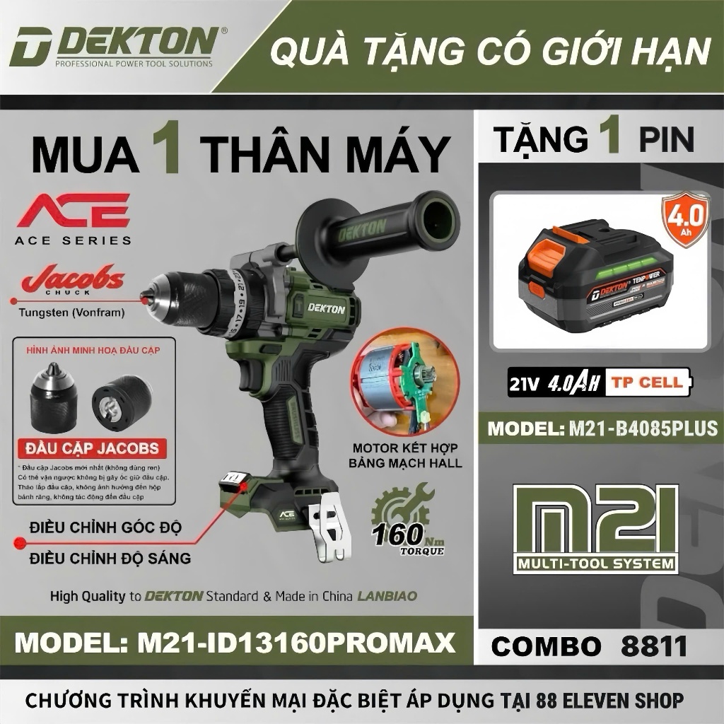 [Tặng Pin] Máy Khoan Động Lực 21V Dekton M21-ID13160PROMAX