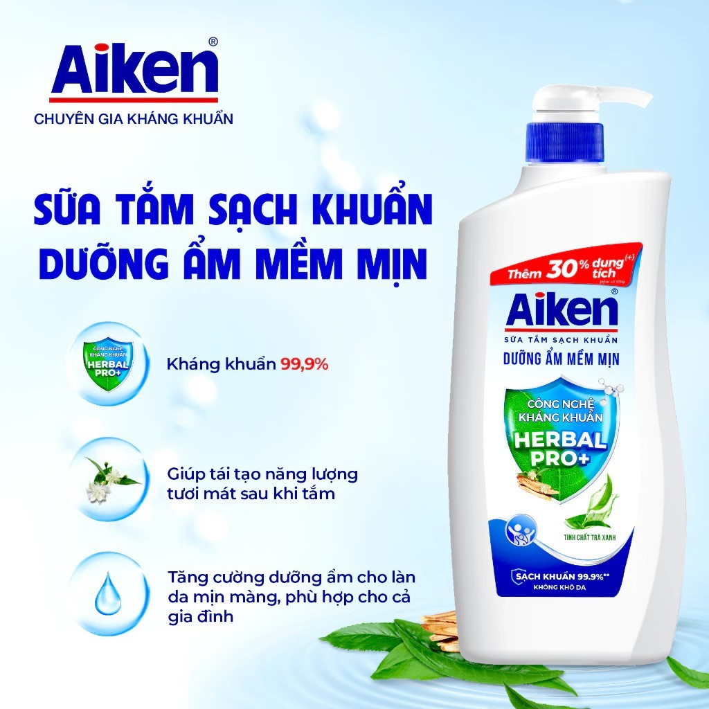 Sữa Tắm Sạch Khuẩn Aiken Dưỡng Ẩm Tinh Chất Trà Xanh chai 850g
