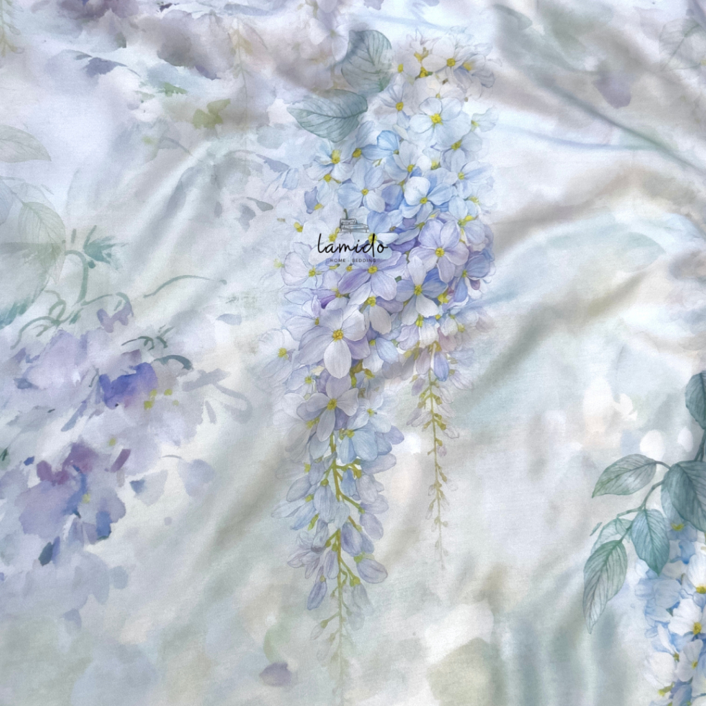 Vải lụa tencel cao cấp 80s LAMIDO Cỏ Hoa Tím khổ 2m5, chuyên dùng may ga gối giá sỉ