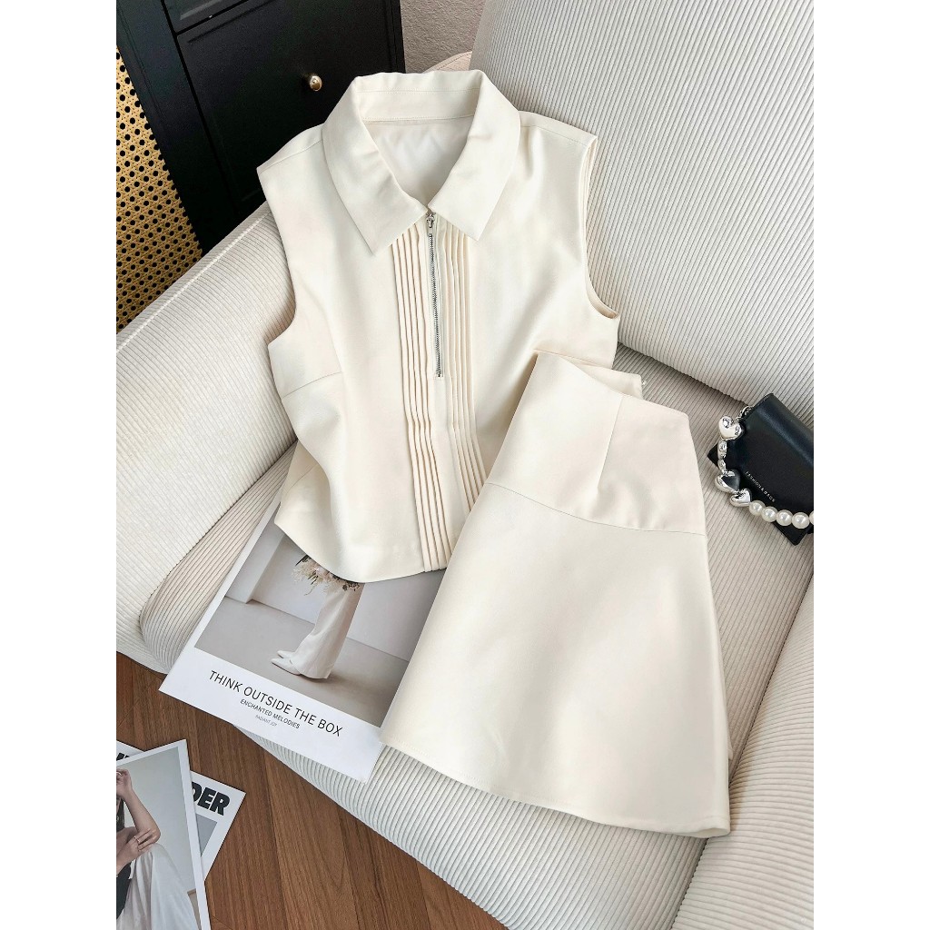 Set đồ nữ áo sát nách cổ sơ mi khóa kéo + chân váy thanh lịch sang chảnh HB.Studio S95 | BigBuy360 - bigbuy360.vn
