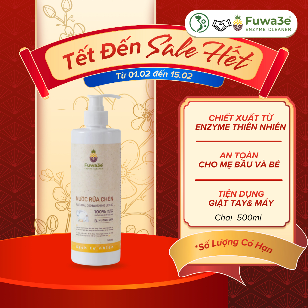 Nước Rửa Bát Fuwa3e Enzyme Sinh Học 500ml An Toàn Cho Bé Bảo Vệ Da Tay Tiết Kiệm Nước Lành Tính